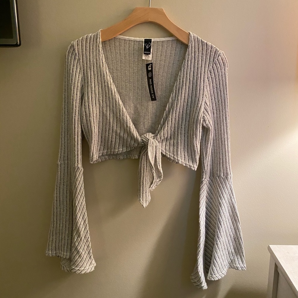 Cropped bell sleeve tie top